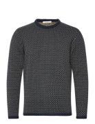 Jacquard Crew Neck Knit - Regenerat Tops Knitwear Round Necks Navy Kno...