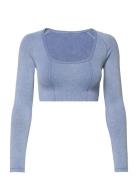 Washed Denim Seamless Cropped Long Sleeve Sport Crop Tops Long-sleeved...