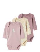 Nbfbody 3P Ls Summr Sand Rabbit Noos Bodies Long-sleeved Pink Name It