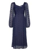 Ruched L/S Midi Dress Knælang Kjole Navy Bubbleroom