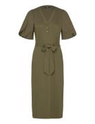 Belted Rib-Knit Puff-Sleeve Dress Knælang Kjole Khaki Green Lauren Ral...