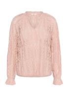 Crtully V-Neck Lace Blouse Tops Blouses Long-sleeved Pink Cream