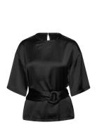 Satin Blouse With Belt Tops Blouses Short-sleeved Black Mango