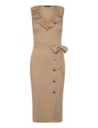 Button-Trim Rib-Knit Sleeveless Dress Knælang Kjole Beige Lauren Ralph...