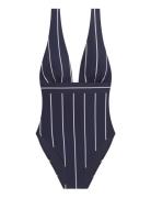 Lrl Villa Stripe Banded V-Neck Swim Badedragt Badetøj Navy Lauren Ralp...