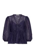1608 Organza, Long Sleeve Bow Top Tops Blouses Short-sleeved Purple ST...