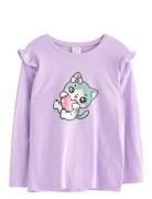 Top With Frill Detail Cat Prin Tops T-shirts Long-sleeved T-Skjorte Pu...