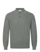 Micro-Structured Cotton Polo Shirt Tops Knitwear Long Sleeve Knitted P...