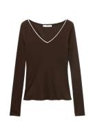 V-Neck Combined-Fabric T-Shirt Tops T-shirts & Tops Long-sleeved Brown...